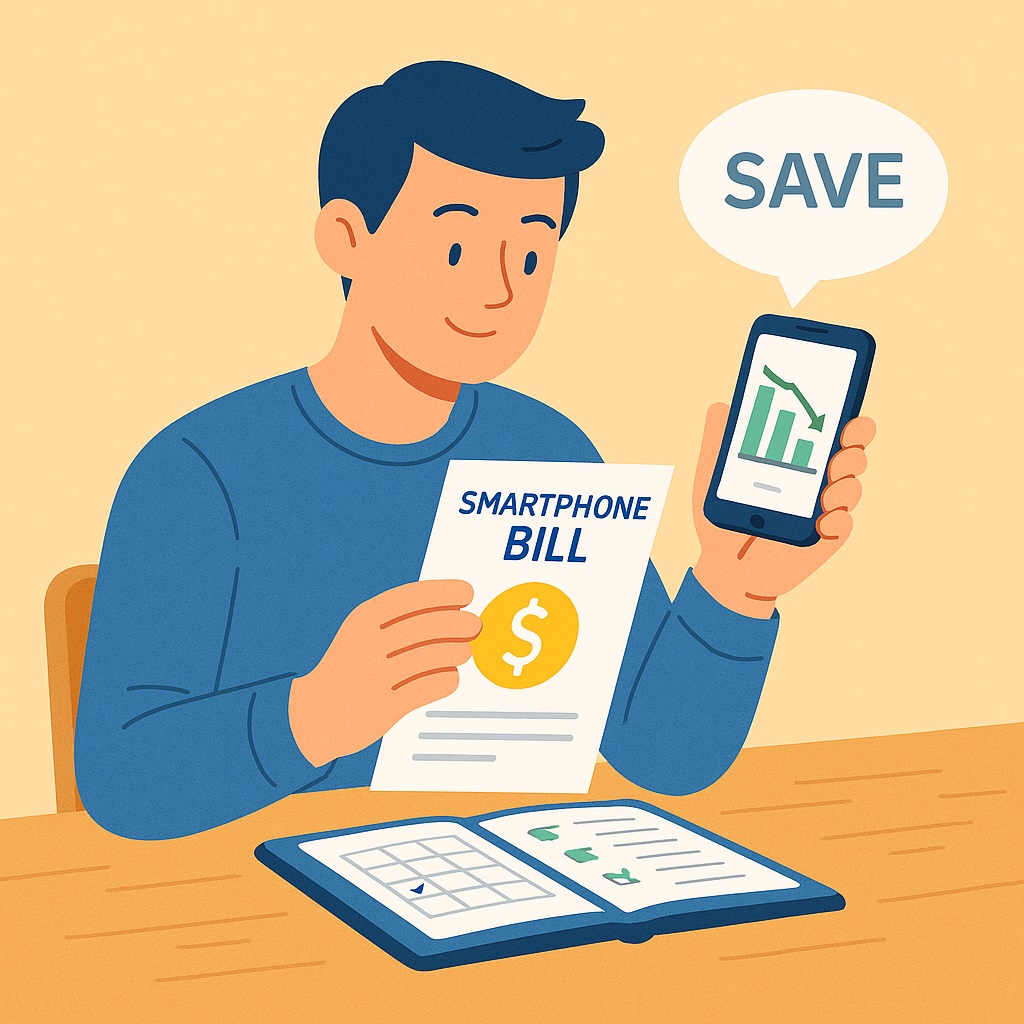 청년이 카페에서 스마트폰으로 알뜰폰 요금제를 비교하는 장면