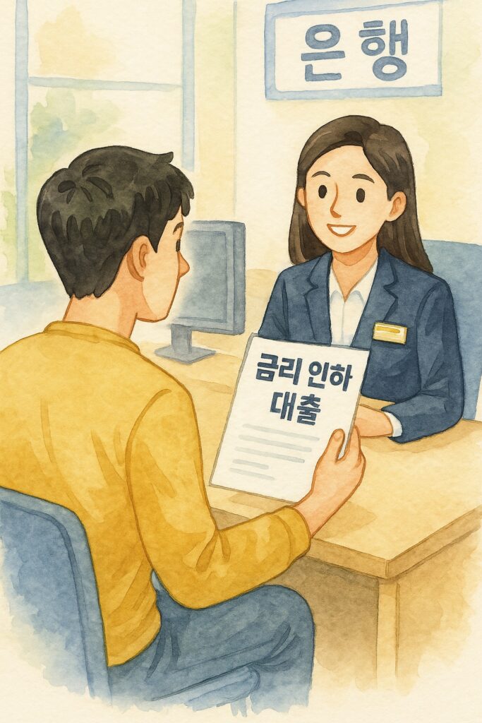 은행 창구에서 청년이 금리 인하 대출 상담을 받는 모습