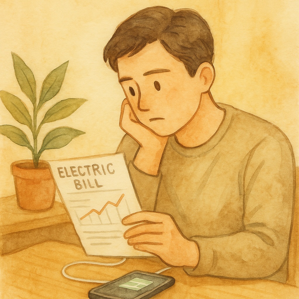 전기요금 청구서를 보며 절약 계획을 세우는 청년의 모습
