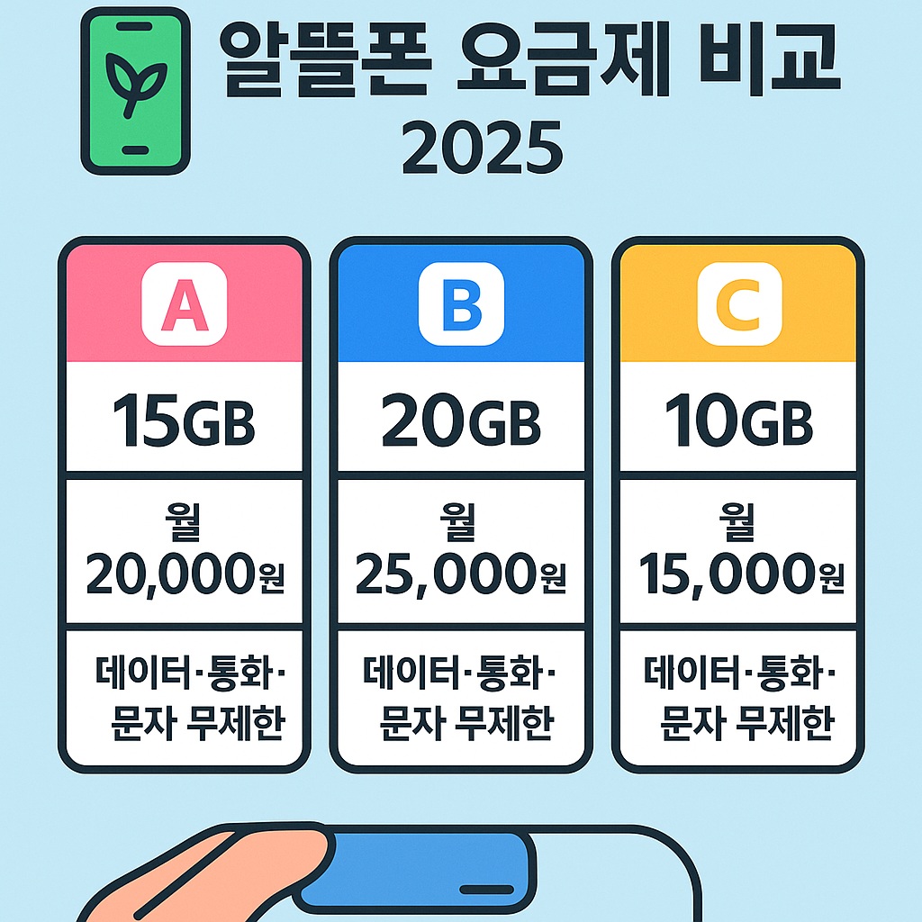 KT M모바일, U+유모바일, SK 세븐모바일 3개 요금제를 비교한 인포그래픽 스타일 이미지