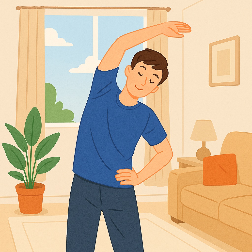 거실에서 상체 스트레칭을 하는 사람의 모습