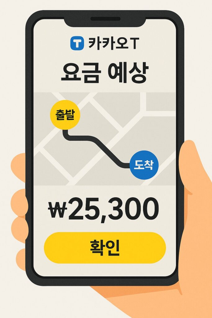 카카오T 요금 예측 화면을 보여주는 스마트폰 일러스트