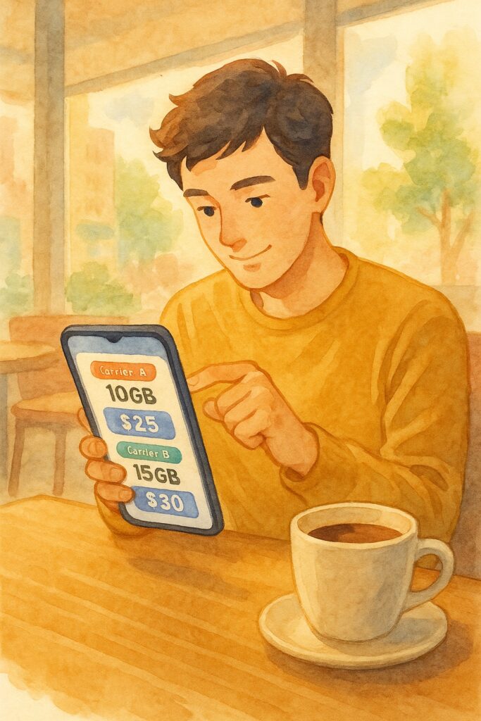 스마트폰으로 과기정통부 알뜰폰 정책 안내 페이지를 보는 청년 일러스트 