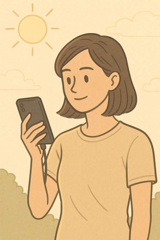 여름철 햇빛 아래 스마트폰을 들고 있는 장면