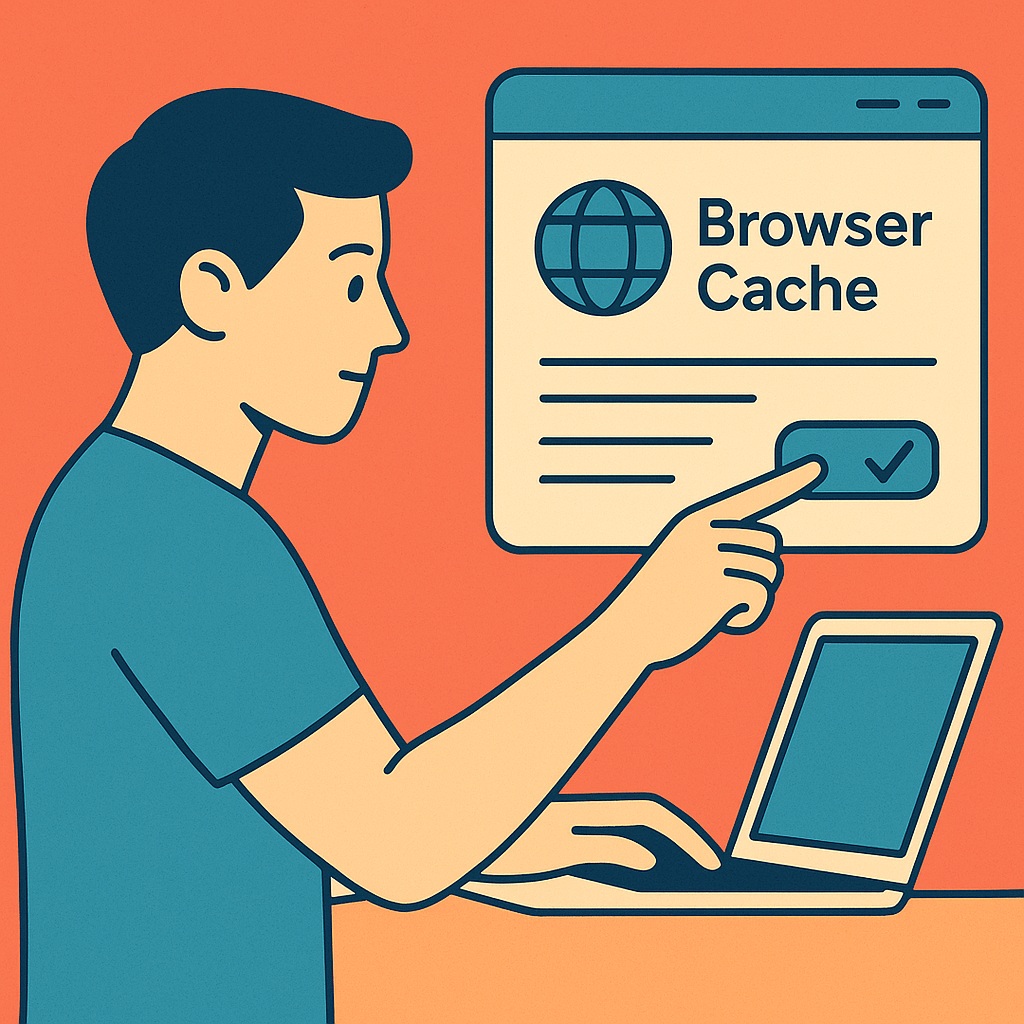 브라우저 캐시를 정리하고 설정을 조정하는 사람의 모습