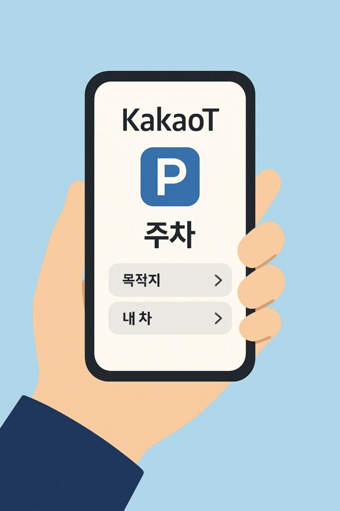 카카오T 주차 메뉴 화면을 보는 사람의 손