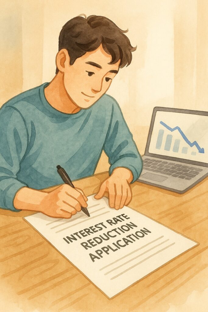 청년이 책상 위에서 금리 인하 신청서를 작성하는 장면