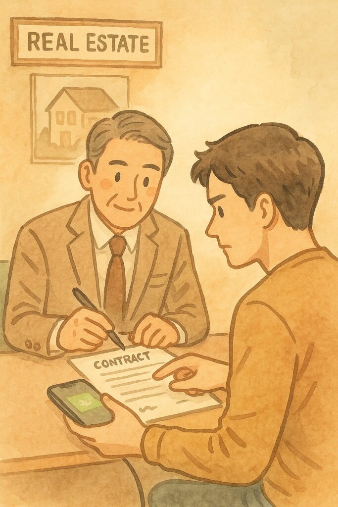 부동산 중개인과 계약 조건을 조율하는 청년의 모습