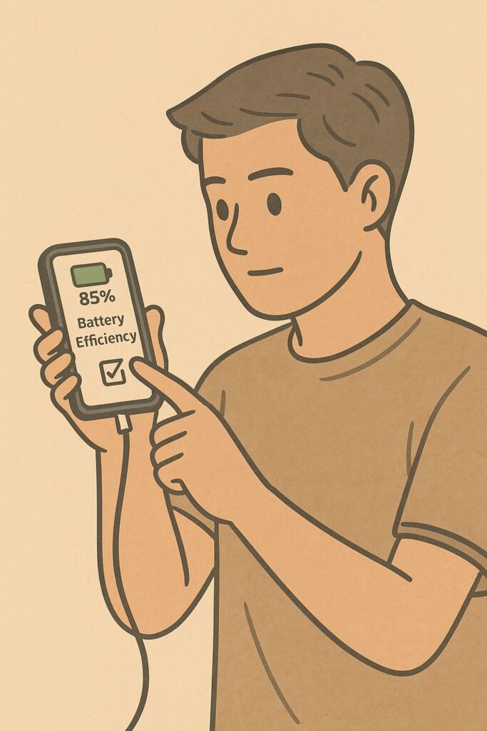 충전 케이블을 꽂고 배터리 관리 앱을 확인하는 사람