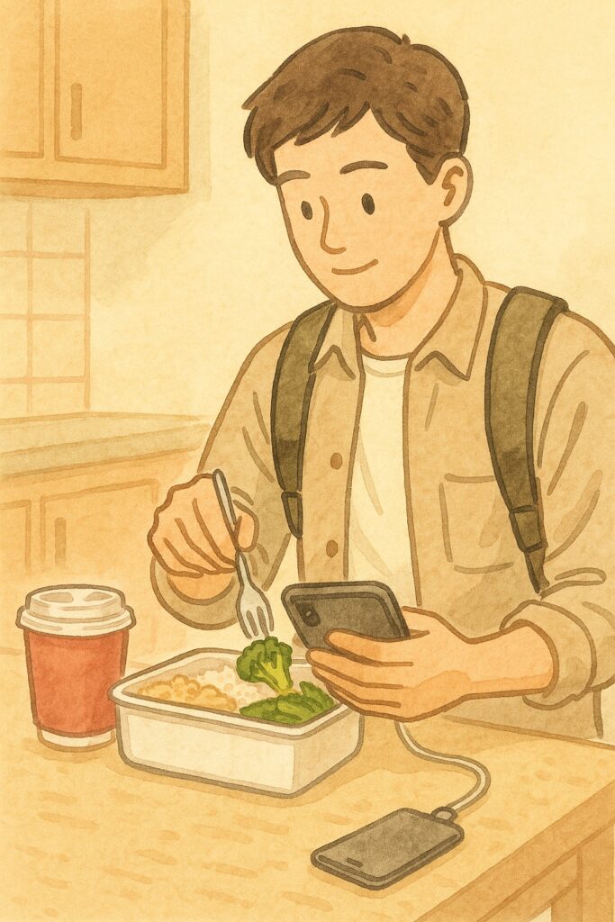 커피 대신 도시락을 준비하며 절약 루틴을 실천하는 청년의 모습