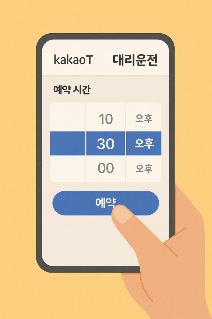 카카오T 대리운전 메뉴에서 예약 시간을 설정하는 스마트폰 화면