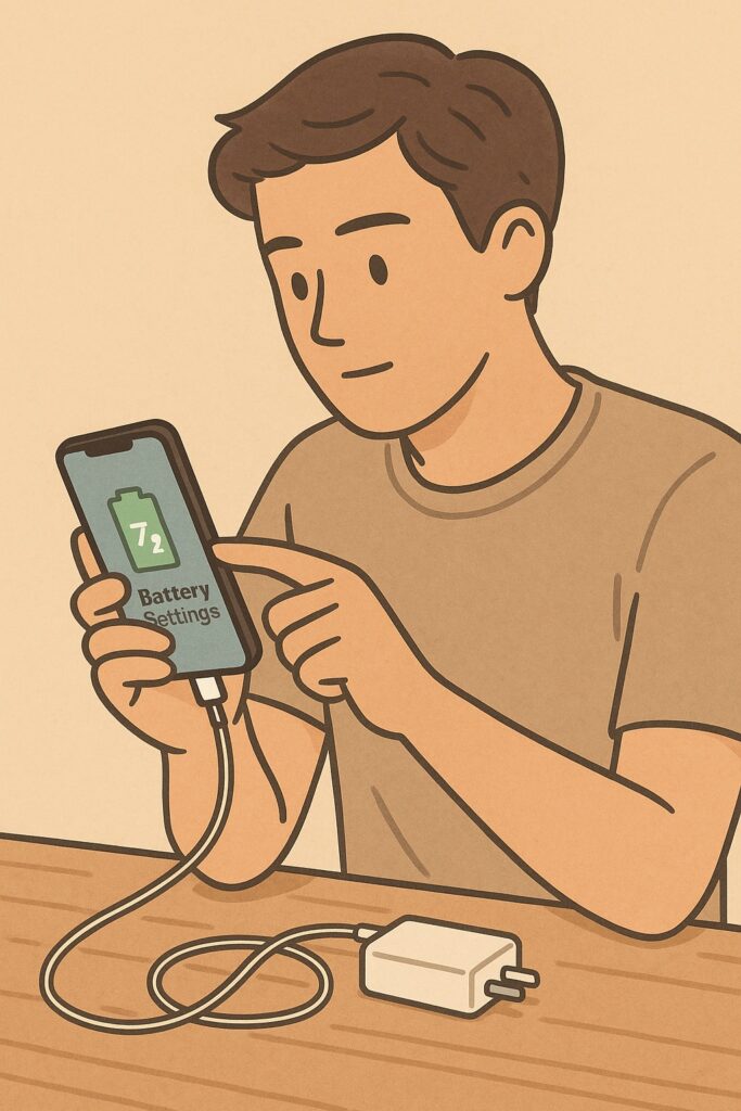 스마트폰을 들고 배터리 효율 설정을 점검하는 사람