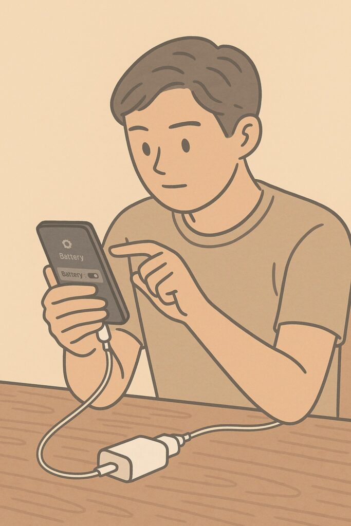 스마트폰을 충전하며 배터리 설정을 조정하는 사람의 모습