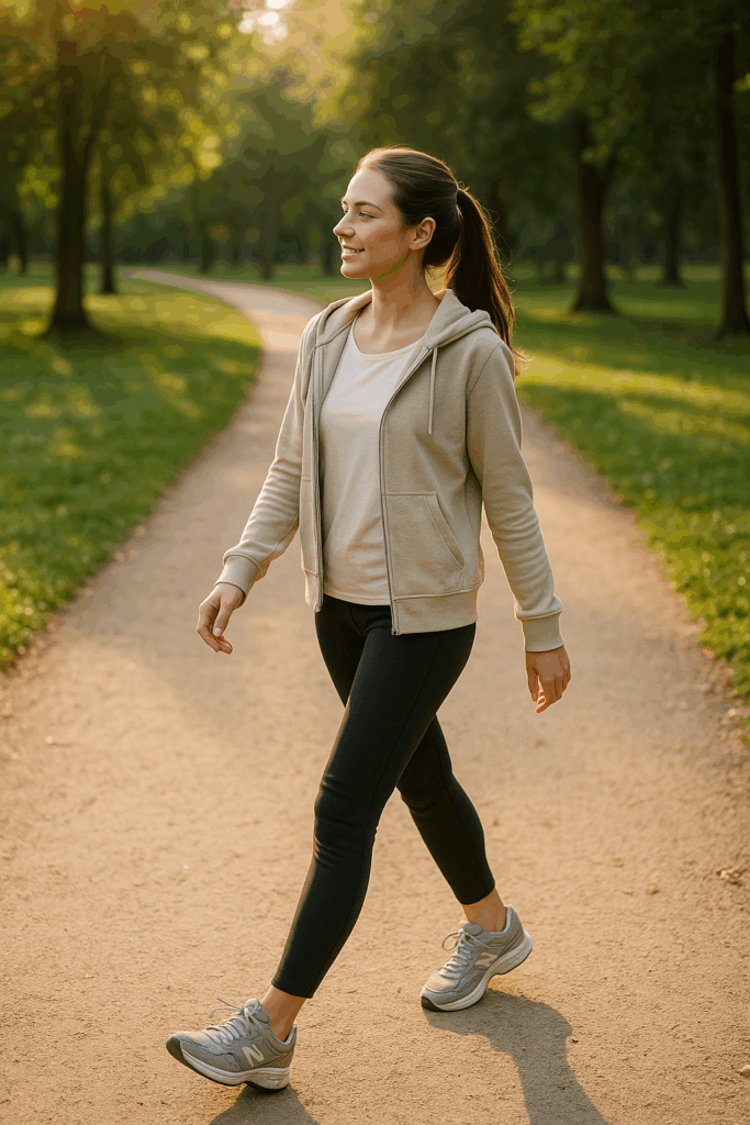햇살이 비치는 공원길을 천천히 걷는 사람의 모습, 여유로운 저녁 산책 장면