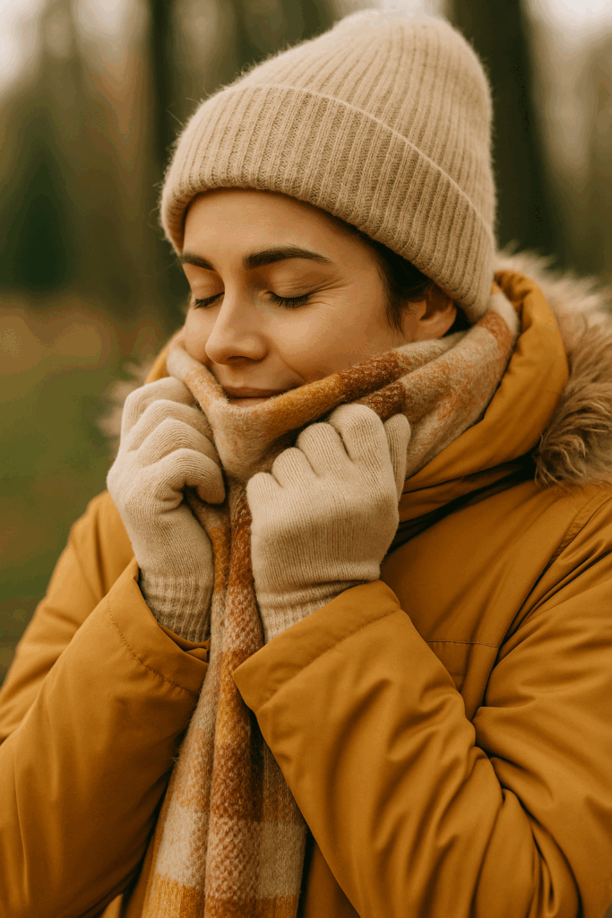 겨울 옷과 머플러를 준비하며 따뜻하게 입는 사람의 모습