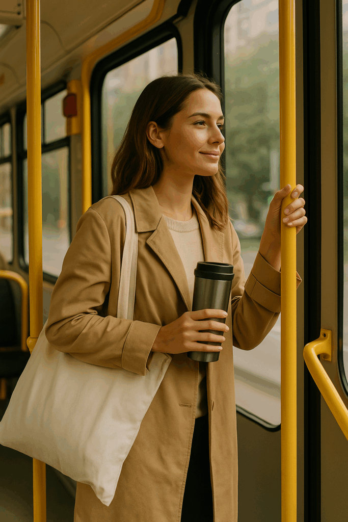 에코백을 들고 대중교통을 이용하는 사람의 친환경 라이프스타일 이미지