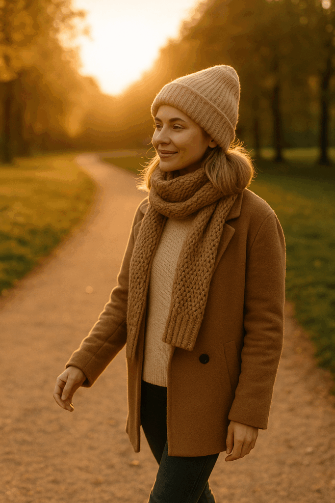 노을 아래 따뜻한 옷을 입고 여유롭게 산책하는 사람의 모습