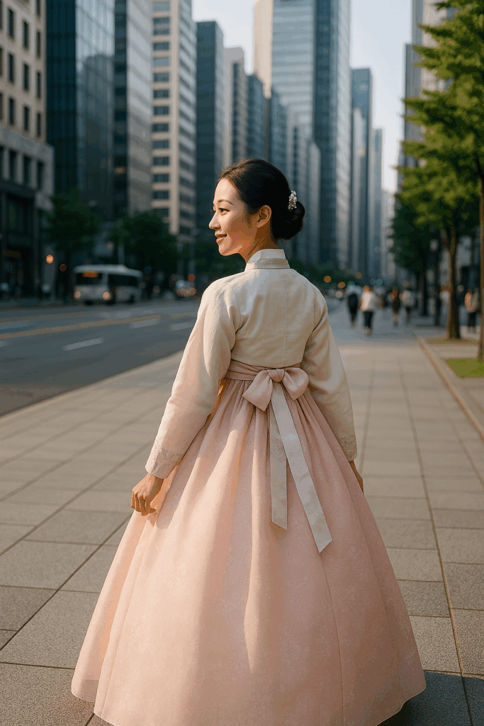 한복을 입은 사람이 현대적인 도시 거리에서 걷는 장면