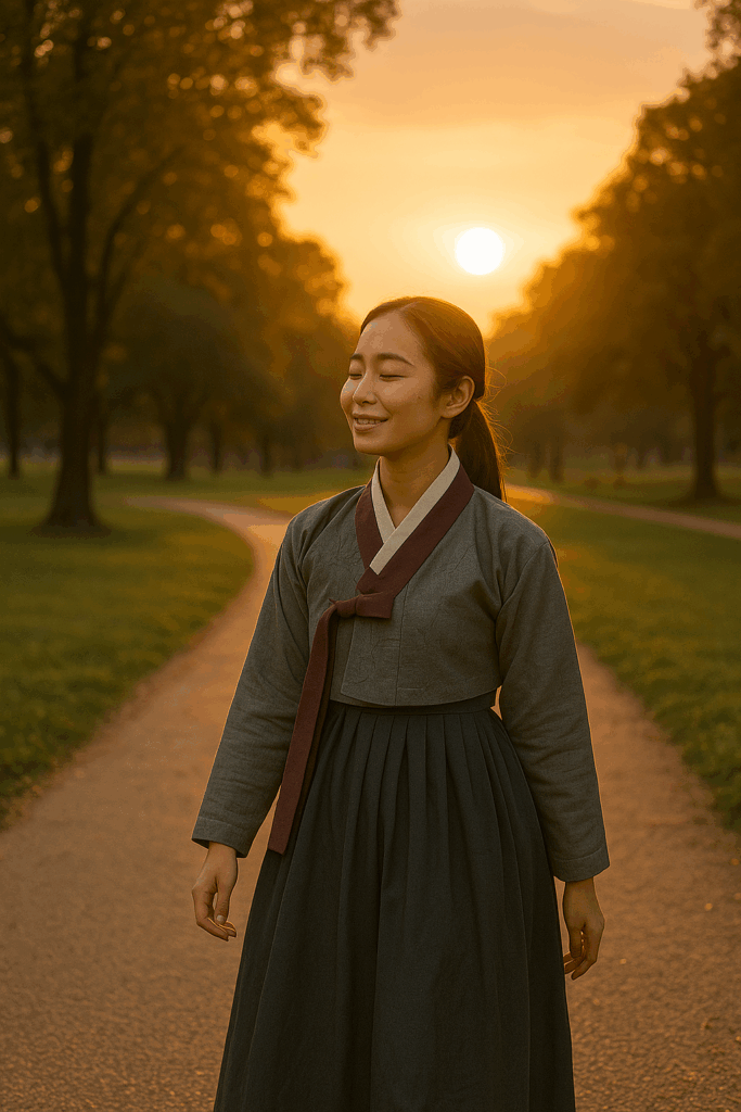 노을 아래에서 여유롭게 산책하며 한국 문화를 즐기는 사람의 모습