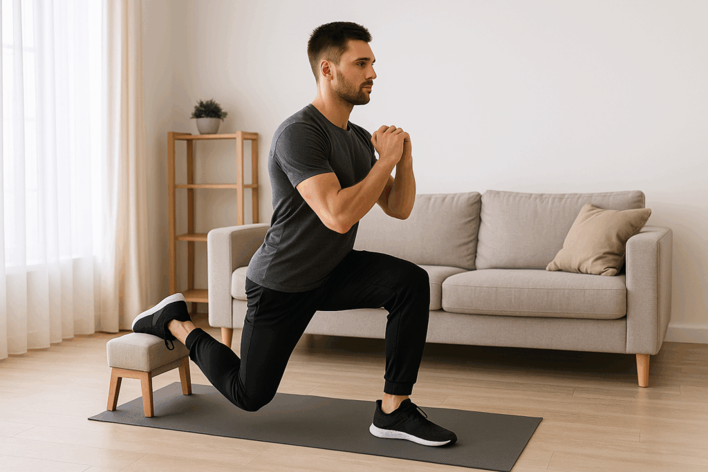 소파 앞에서 불가리안 스플릿 스쿼트를 수행하는 남성의 측면 모습