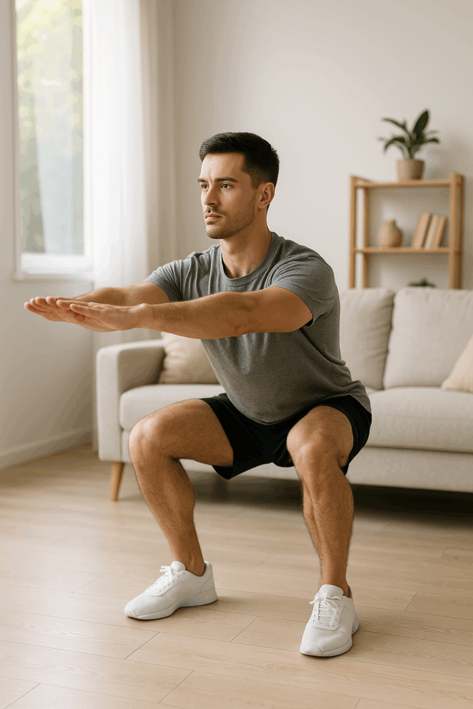 밝은 실내에서 스쿼트를 하는 남성의 정면 모습(무릎·발끝 정렬)