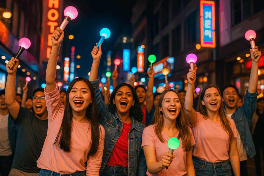 서울 거리에서 K-pop 팬들이 응원하는 장면