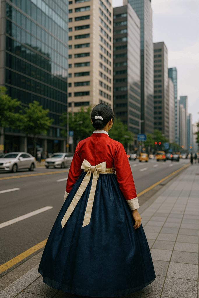 한복을 입은 사람이 현대적인 도시 거리에서 걷는 장면