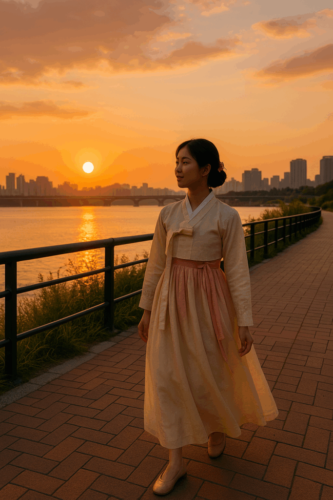 노을 아래에서 여유롭게 산책하며 한국 문화를 즐기는 사람의 모습