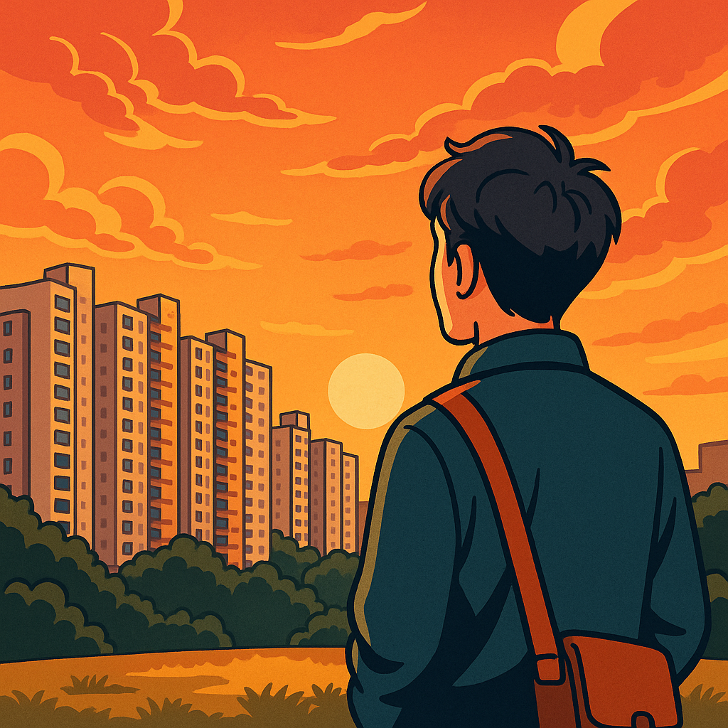 노을 속에서 아파트 단지를 바라보며 내 집 마련을 꿈꾸는 사람