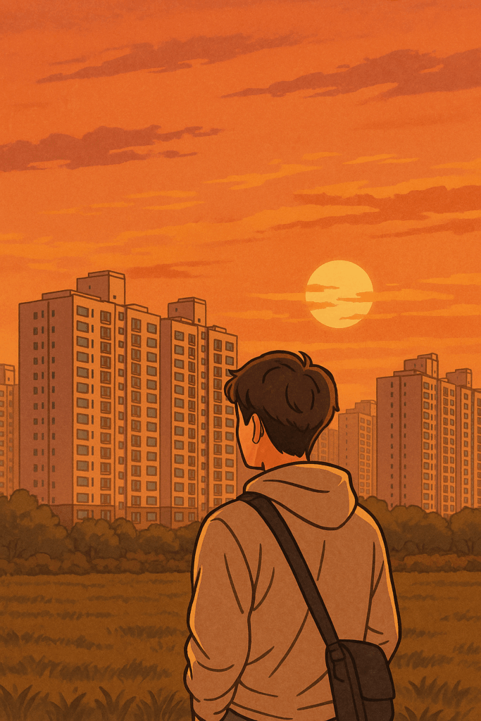 노을 아래에서 아파트 단지를 바라보며 내 집 마련을 꿈꾸는 청년