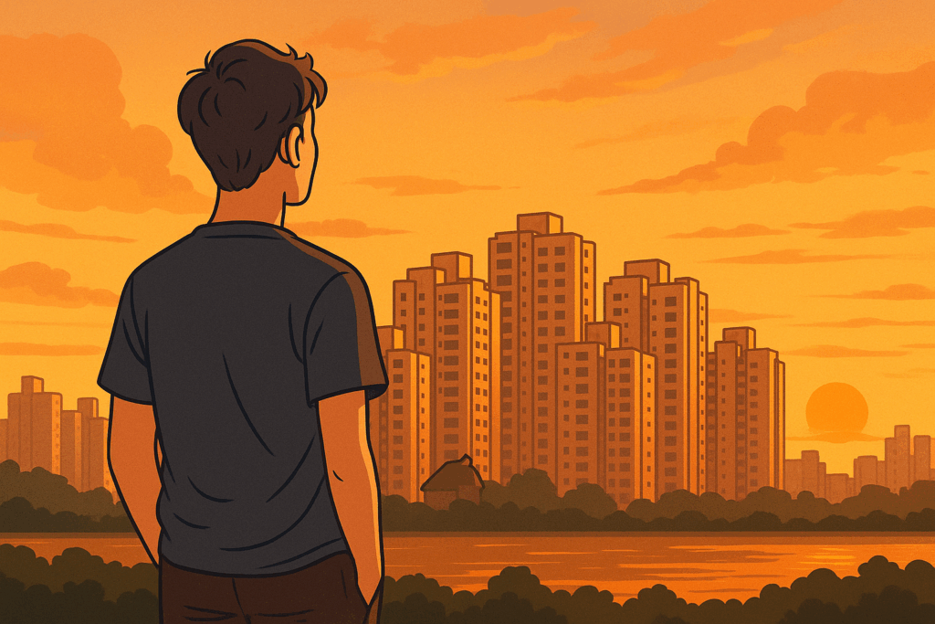 노을 아래 아파트 단지를 바라보며 내 집 마련을 꿈꾸는 청년