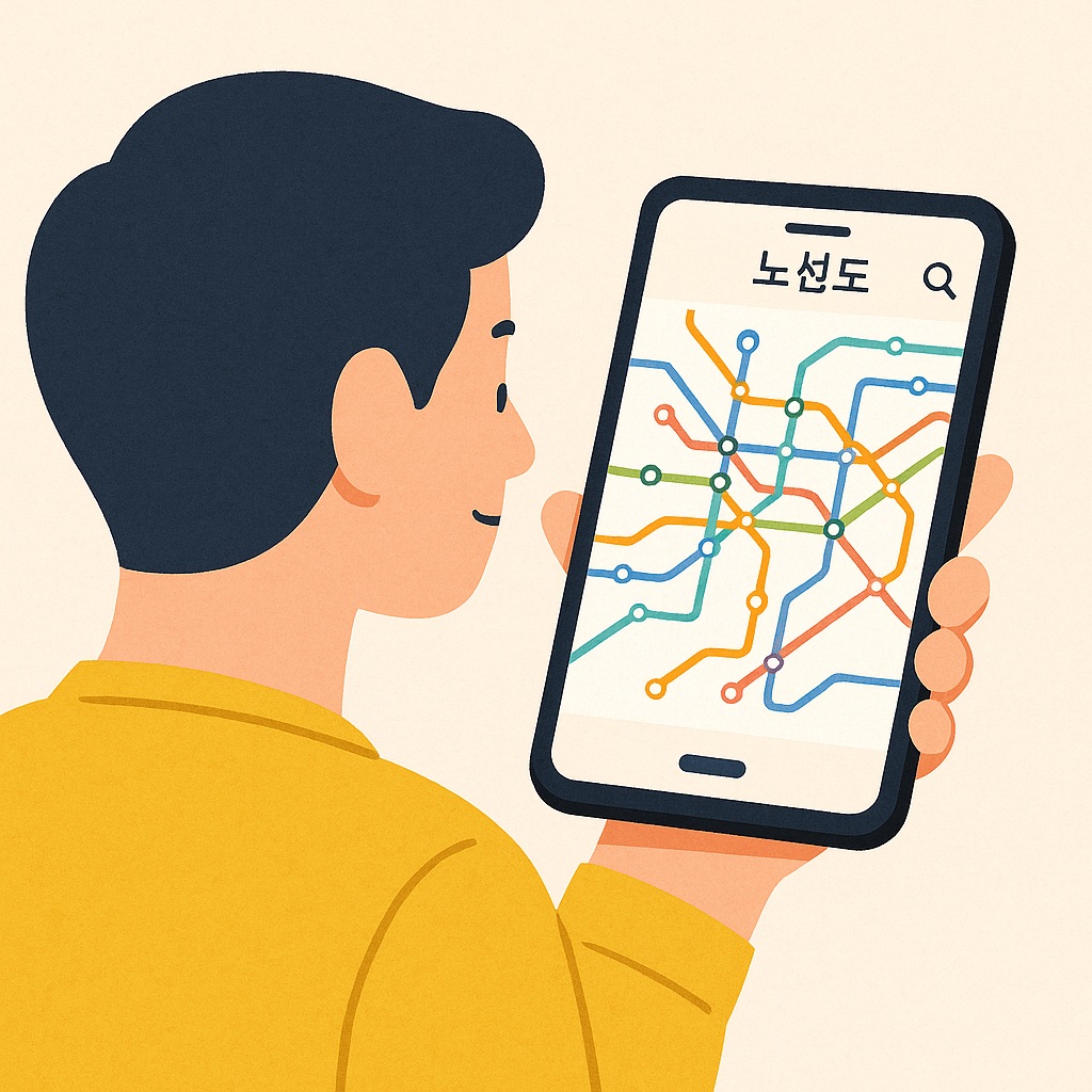 서울 지하철 노선도를 스마트폰으로 확인하는 사람의 모습 