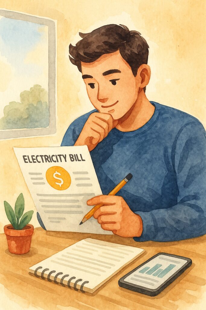 청년이 전기요금 청구서를 보며 절약 계획을 세우는 장면