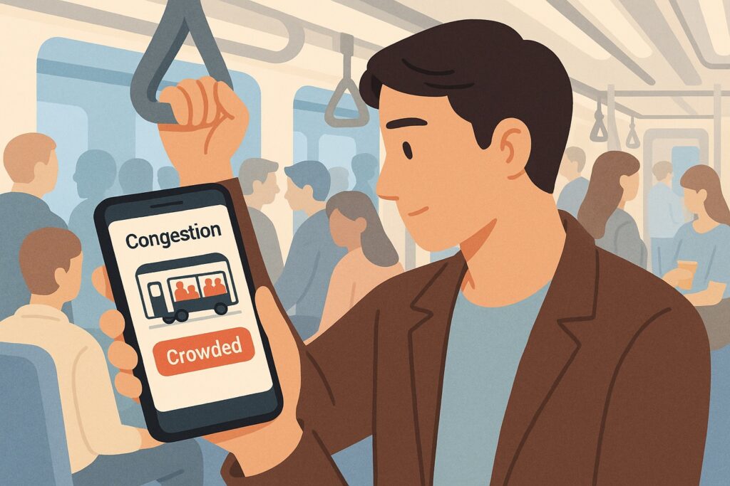 출근 시간 혼잡한 지하철 안에서 스마트폰 앱으로 혼잡도를 확인하는 사람