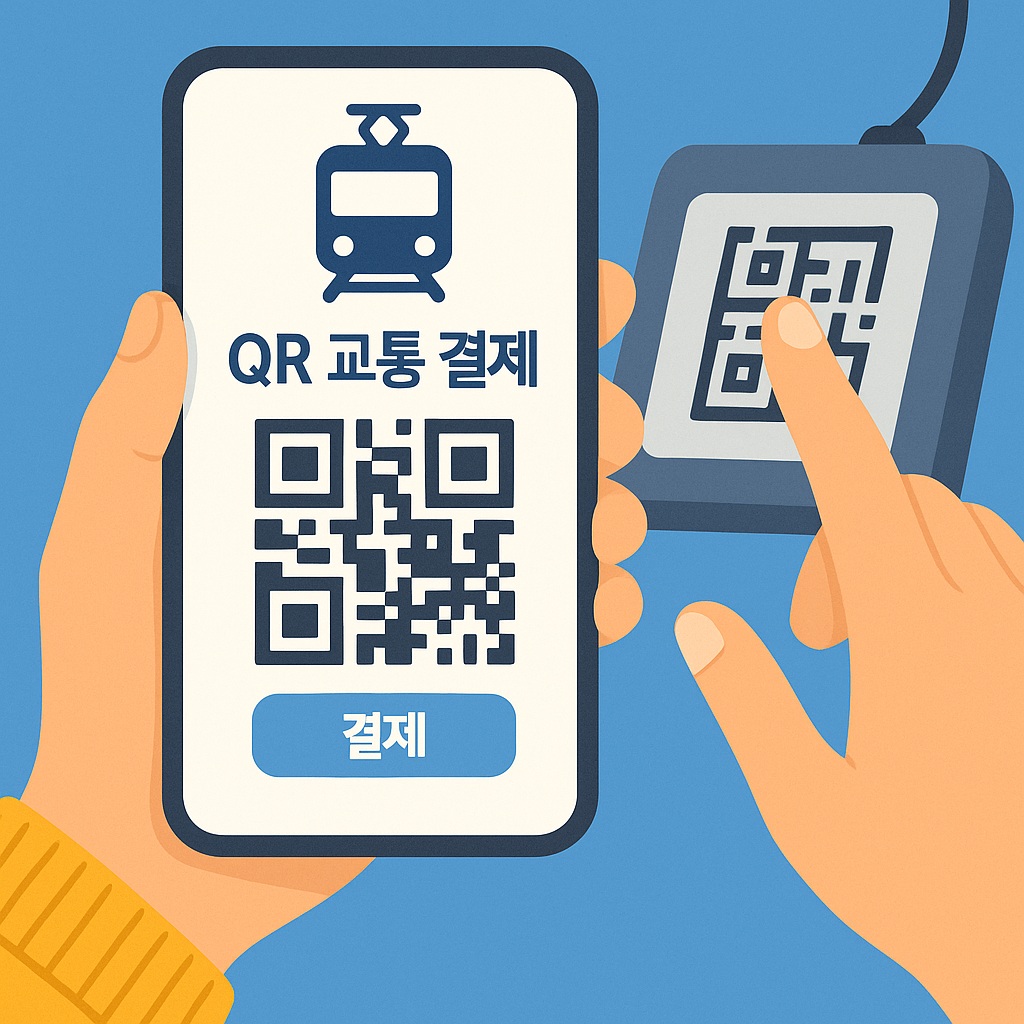 스마트폰으로 QR 교통 결제를 하는 사람의 손