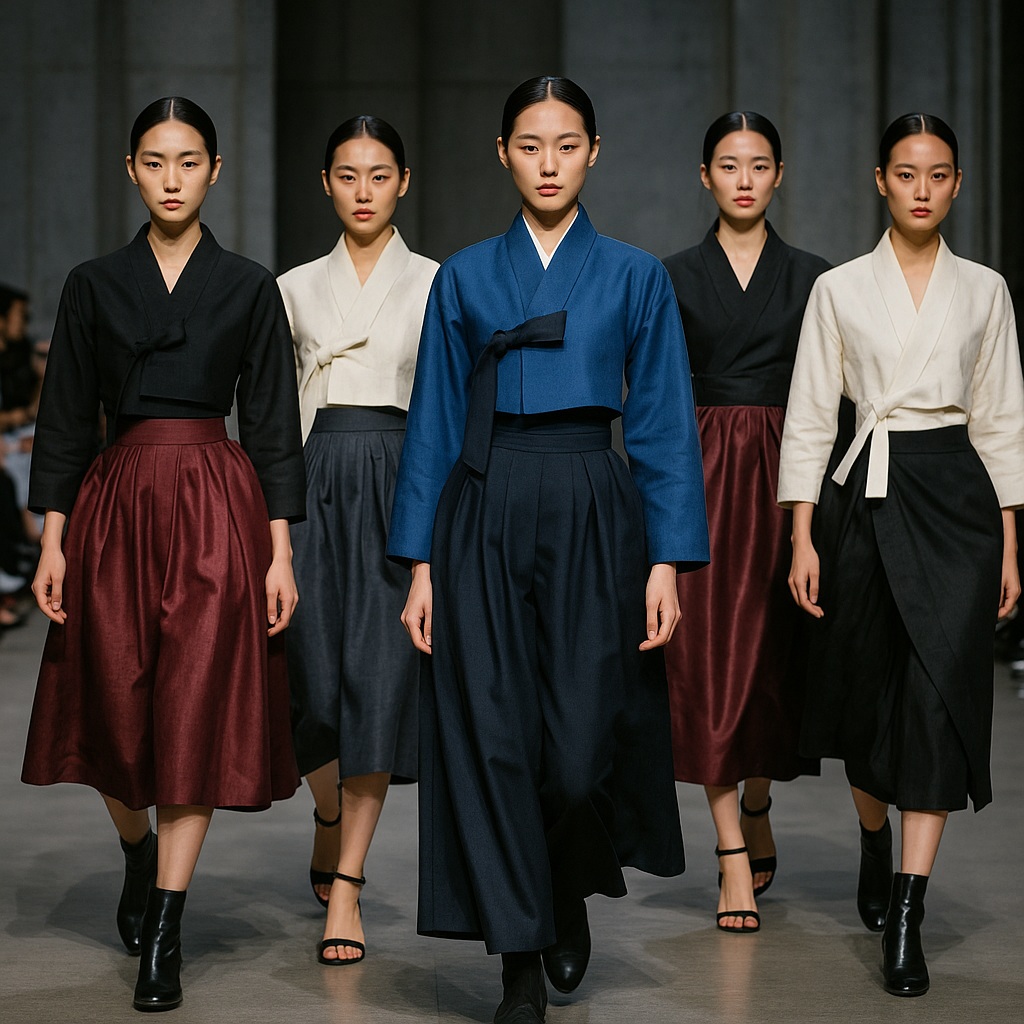 현대적으로 재해석된 한복 패션 런웨이 장면