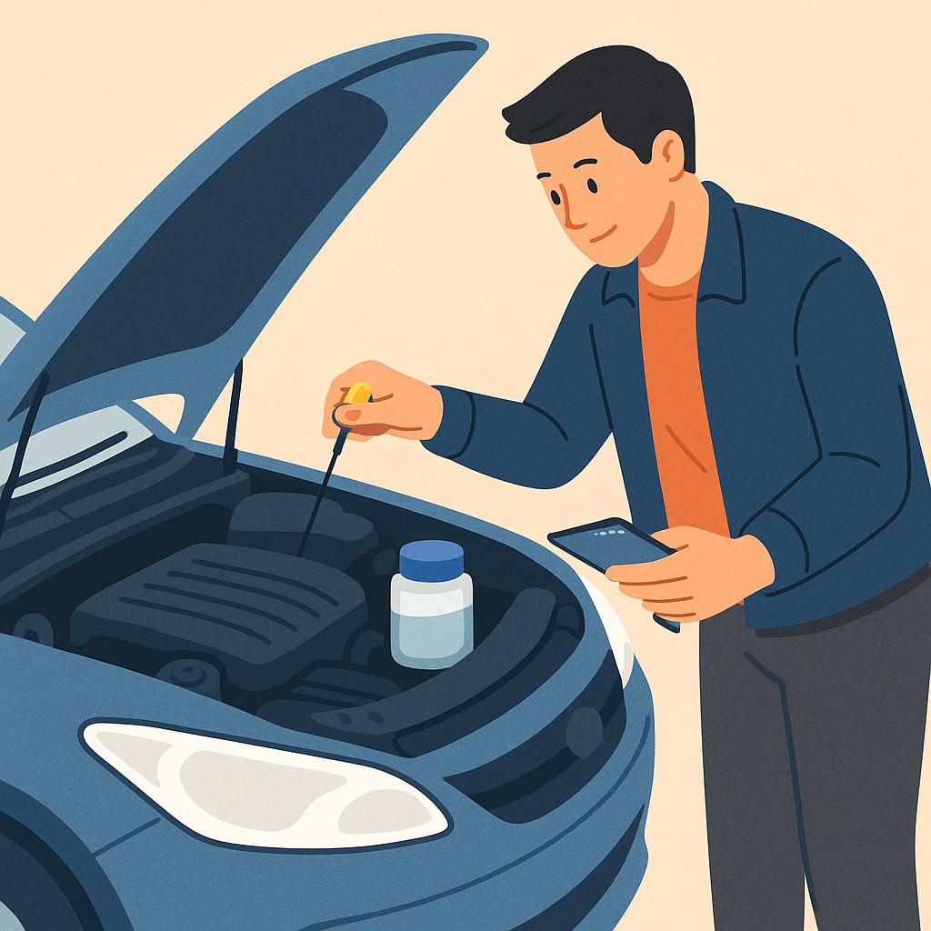 엔진룸을 열고 엔진오일과 냉각수를 확인하는 장면