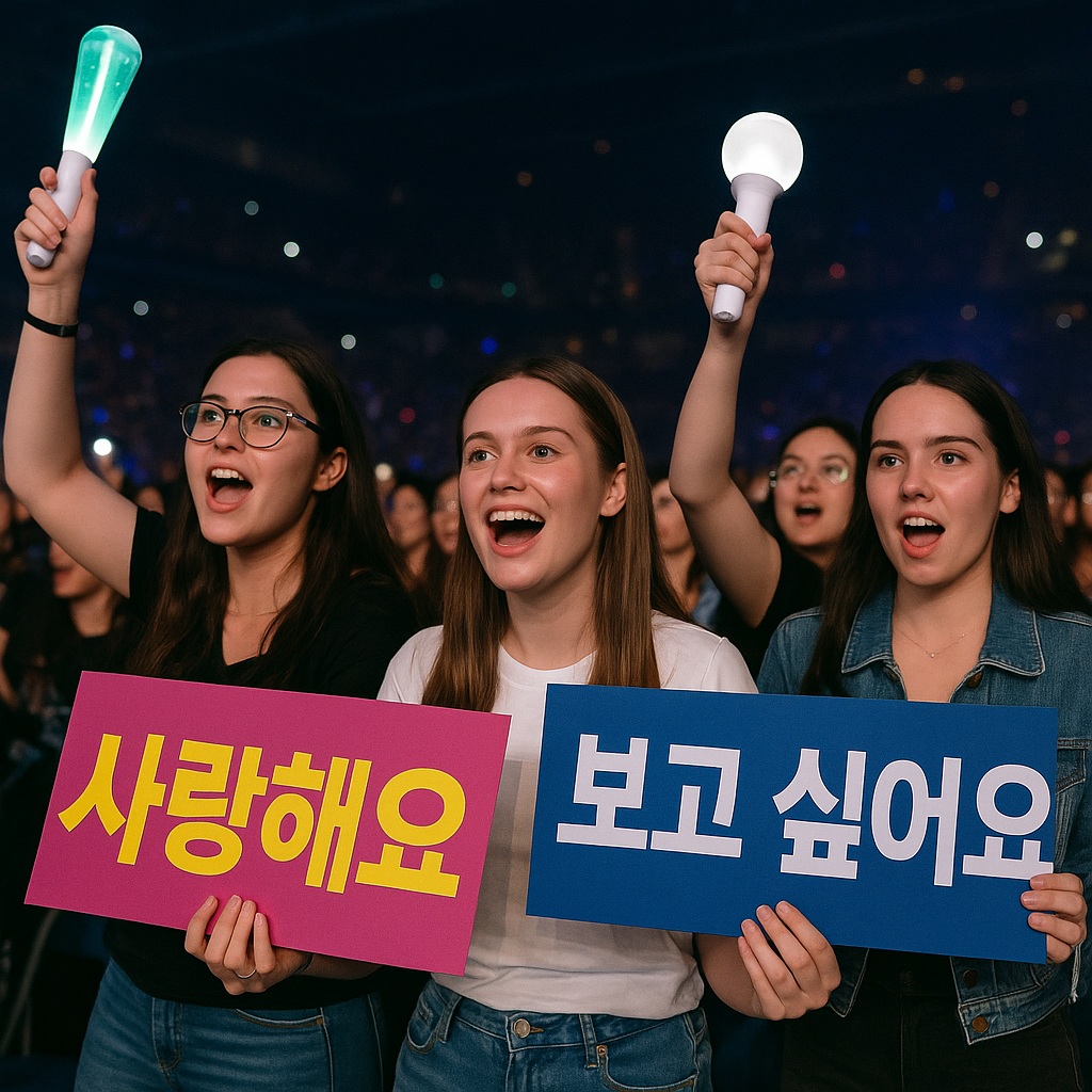 해외 팬들이 한국어 문구 피켓을 들고 K-Pop 공연을 즐기는 장면