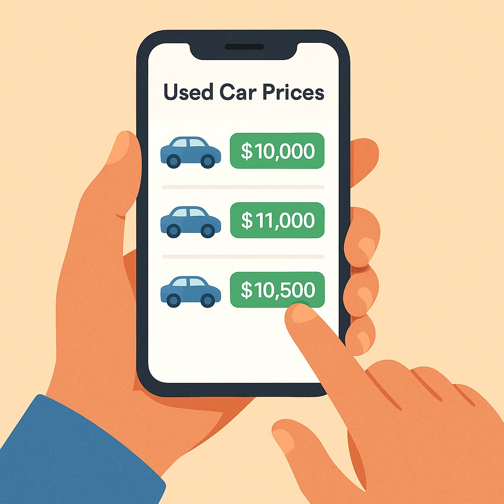 스마트폰으로 중고차 시세를 비교 검색하는 모습