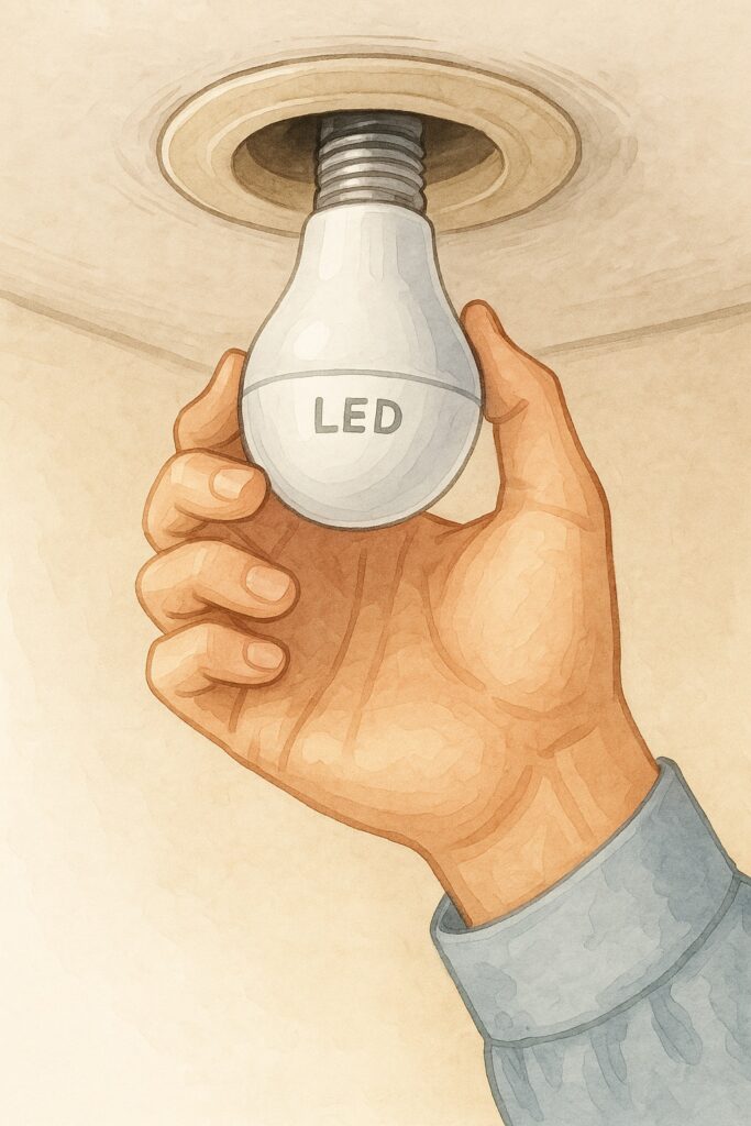집안 전등을 LED 전구로 교체하는 손의 모습