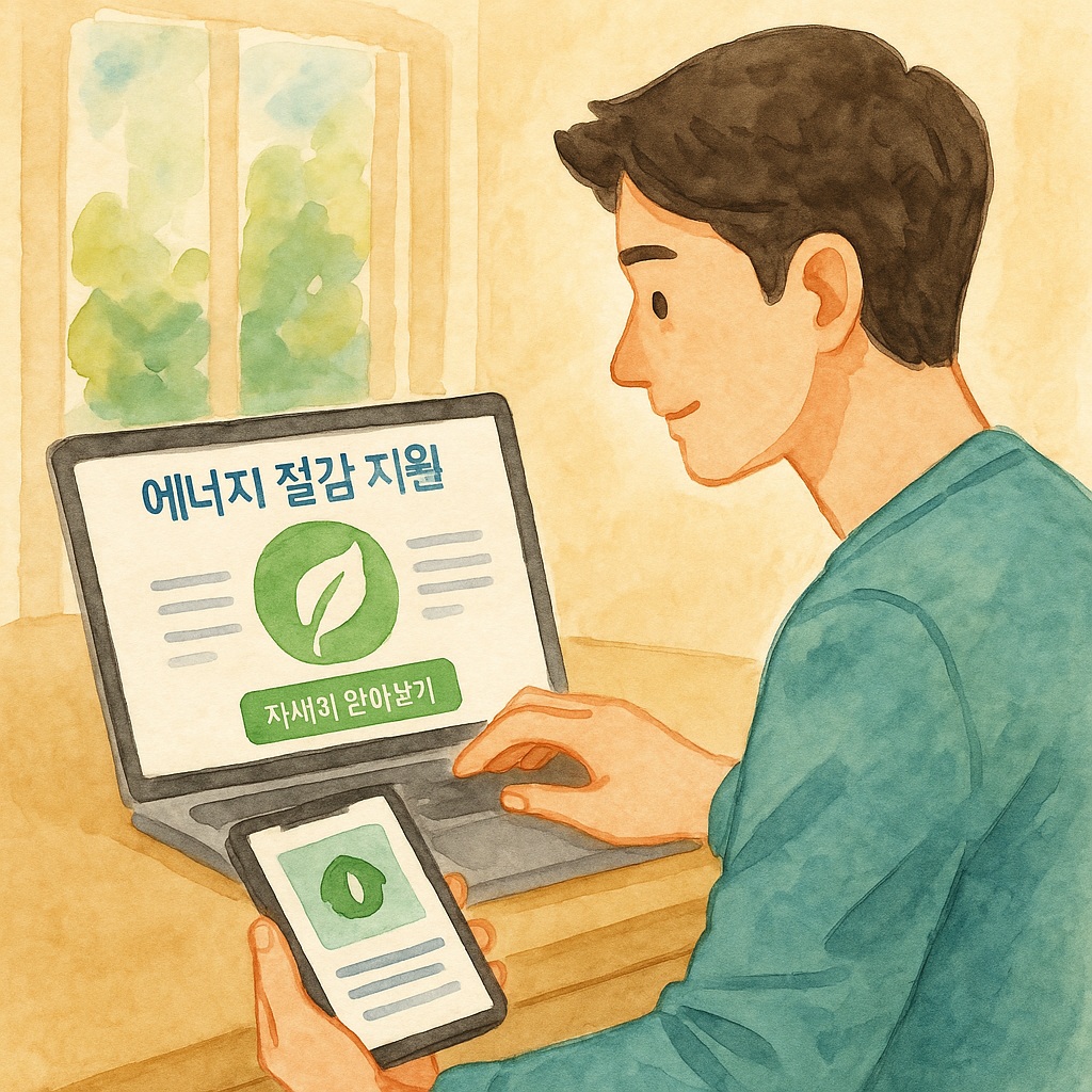 청년이 정부 에너지 절감 지원 웹사이트를 확인하는 장면